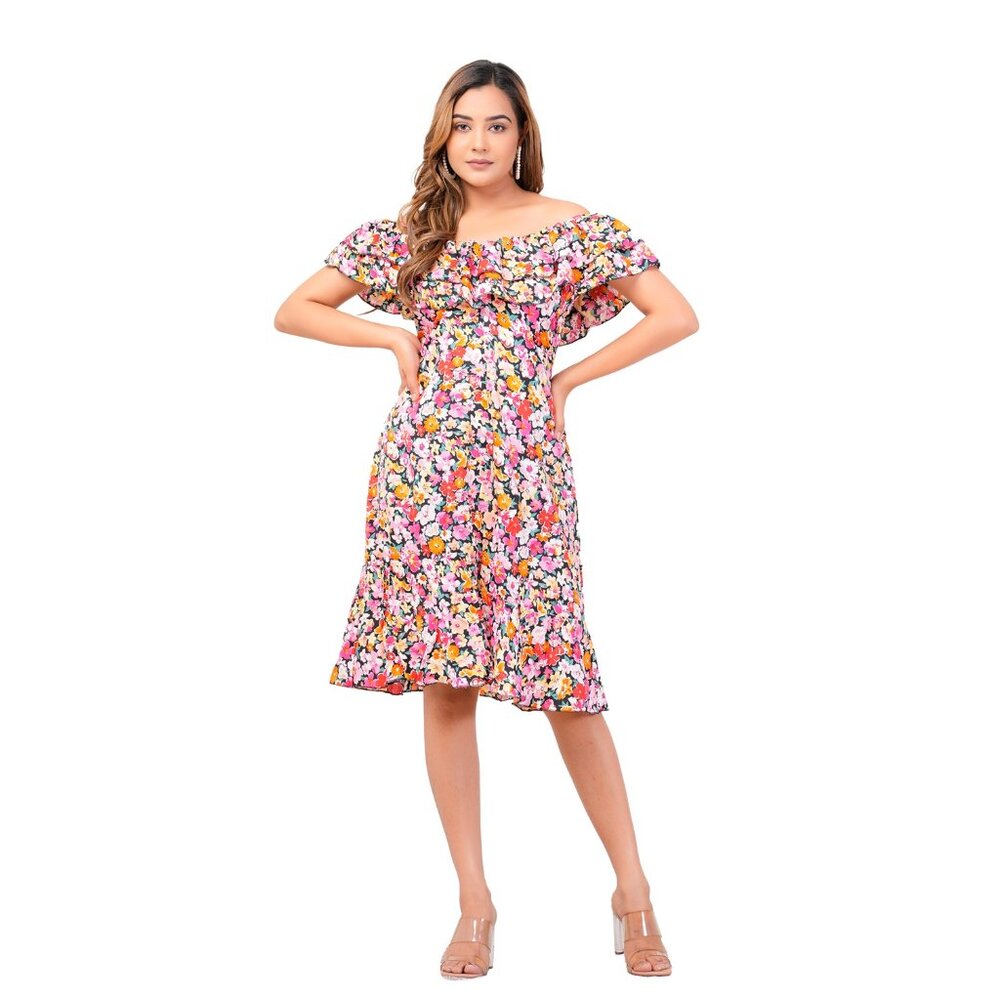 Riara Poly Crepe Women Casual Midi Dress off shoulder One Piece Dress for Party